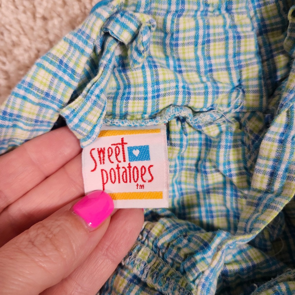 Sweet Potatoes Vintage Toddler Girls Blue Plaid Seersucker Flower Dress 3T USA - Picture 4 of 9
